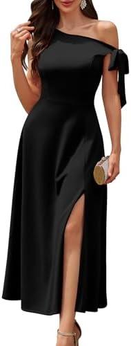 BeryLove Women's Formal Elegant Wedding Guest Dresses One Shoulder A Line Maxi Cocktail Slit Dress, XL