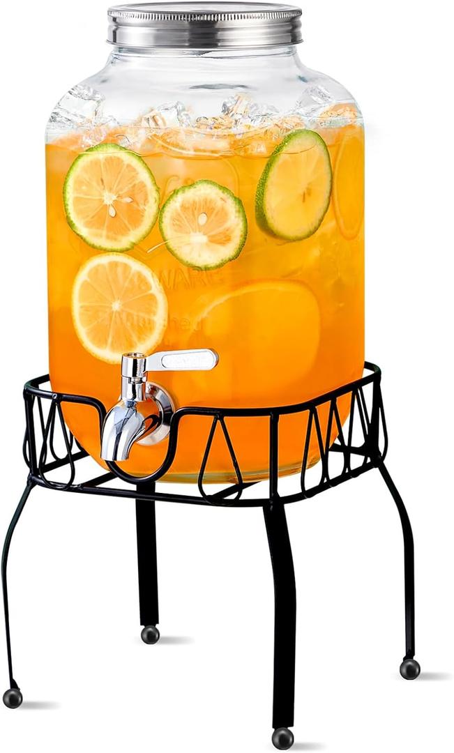 1 Gallon Glass Beverage Dispenser with Stand, Stainless Steel Spigot and Lid, Glass Drink Dispensers for Parties, Drink Dispensers with Lids for Lemonade Sun Tea Mason Jar