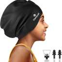 Kids Extra Large Swim Cap for Long Hair, Waterproof Silicone Swimming Caps for Boys Girls Children Youth Teen, Large Swim Hat for Long Thick Curly Hair & Dreadlocks Braids Weaves Afro Hair (Black)