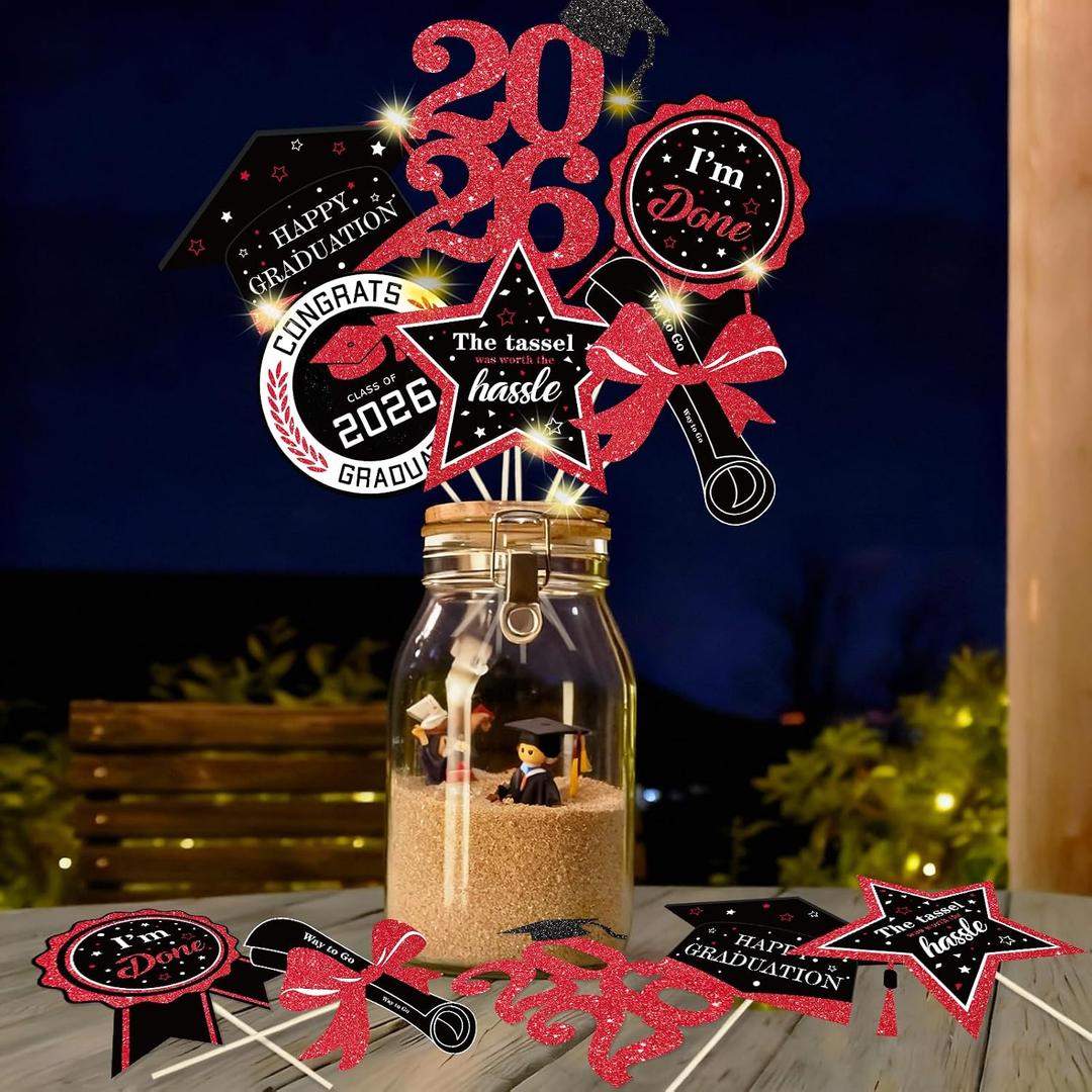 Graduation Party Centerpieces Decorations for Tables Class of 2026 - Glitter Black and Red Double Sided Graduation Table Centerpieces Sticks with LED String Light for Grad Party Decor Supply 30 Pack