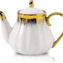 Ceramic Teapot, Ceramic Tea Pot with Removable Stainless Steel Infuser White Teapots with Gold Trim, Floral Teapot, Tea Kettles for loose leaf tea and tea bags, Coffee(30oz)