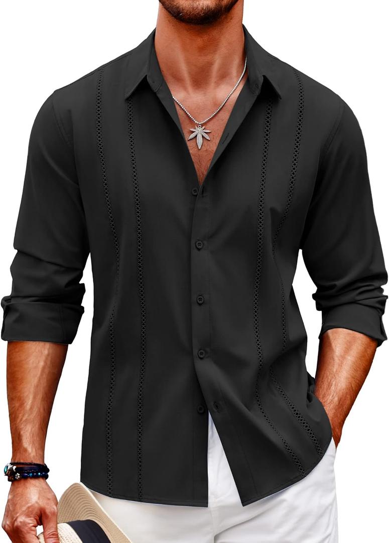COOFANDY Mens Cuban Guayabera Shirt Casual Button Down Shirts Long Sleeve Summer Beach Shirts (Black, L)
