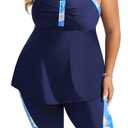 Hanna Nikole Women Plus Size Tankini Swimsuit with Shorts Tummy Control Bathing Suit Flowy Swimwear Navy＆Blue Flowers, XL