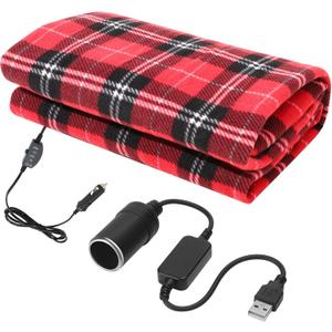 Tuanse Car Electric Blanket 12v Heated Blanket with Temperature Controller, USB Adapter, Car Outlet Adapter, Cold Weather Tailgating and Emergency Kit (Black Red,Plaid)