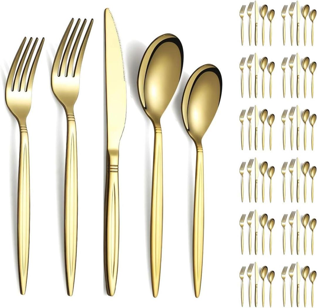 Evanda Gold Silverware Set 60 Piece Service for 12, Titanium Gold Plated Stainless Steel Modern Flatware Set, Knives Forks Spoons Set for Wedding, Parties, Birthday, Restauroom, Dishwasher Safe