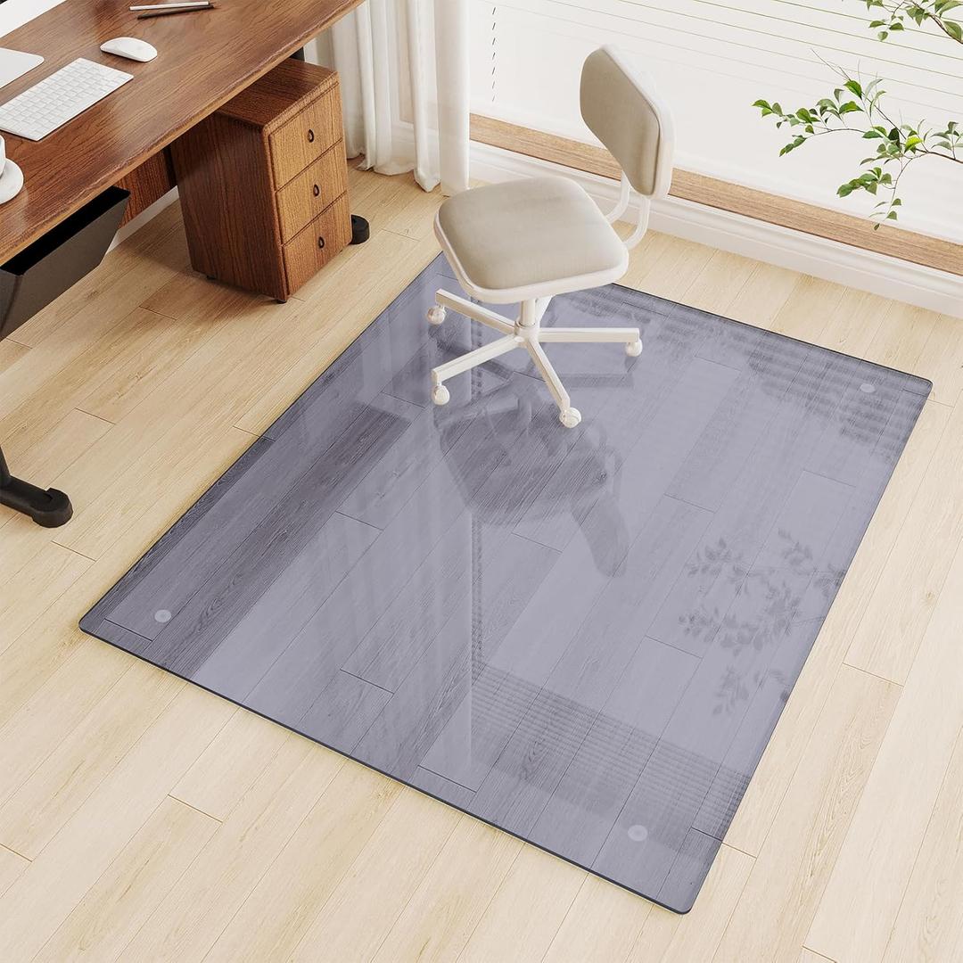 Glass Chair Mat 46" x 55" Heavy Duty Tempered Glass Office Chair Mat, Glass Floor Mat with Round Corner and Polished Edge for Smooth Glide, Office Chair Mat for Carpet, Hardwood Floor, Grey