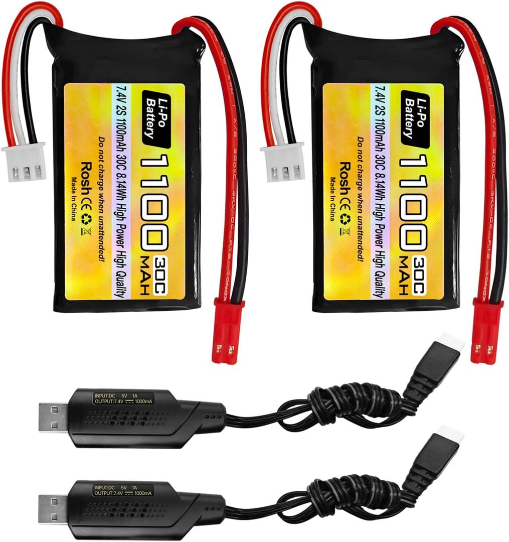 2PCS 7.4V Lipo Battery 2S 30C 1100mAh JST Plug Rechargeable Battery for WLtoys A949 A959 A969 A979 RC toy Car Compatible With Most 1/10,1/16,1/18,1/24 Ratio RC Cars Trucks, With USB Charging Cable