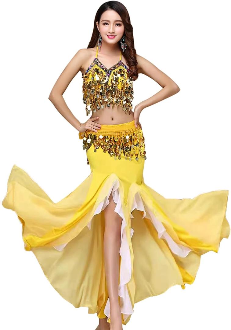 ORIDOOR Women's Belly Dance Dress Belly Crop Top Bra Top and Belt Chiffon Dancing Split Skirt Costume 3-Piece Outfit (Yellow, One Size)