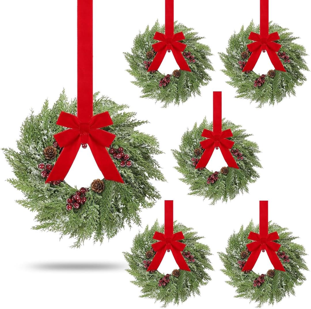 6 Pcs 15inchs Small Christmas Wreath for Kitchen Cabinets Mini Xmas Wreaths with Ribbon Christmas Decorations Candle Rings Red Berry Pine Cone Wreaths for Windows Farmhouse Xmas Decor