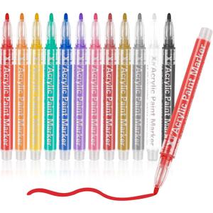 Acrylic Paint Pens Paint Markers - 12 Pack Acrylic Paint Markers For Rock Painting Wood Canvas Glass Ceramic Plastic Metal and Stone,For DIY Crafts Making Art Supplies Christmas Gift