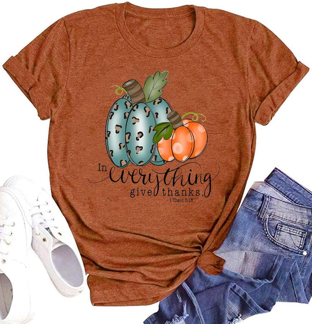 Women Thanksgiving Shirts Funny Leopard Pumpkin Graphic Print Fall T Shirts (X-Large, Brown1)