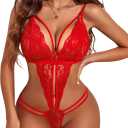 Avidlove Women One Piece Lingerie Deep V Lace Bodysuit Babydoll Teddy Underwear (Medium, 1 Red)