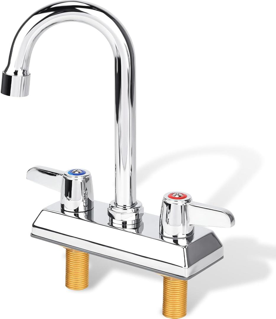 Commercial Bar Sink Faucet,4 Inch Center Deck Mount Bar Sink Faucet2 Hole Brass Constructed,Chrome Polished with 3.8" Gooseneck Spout and 90Rotatable Dual Lever Handles.