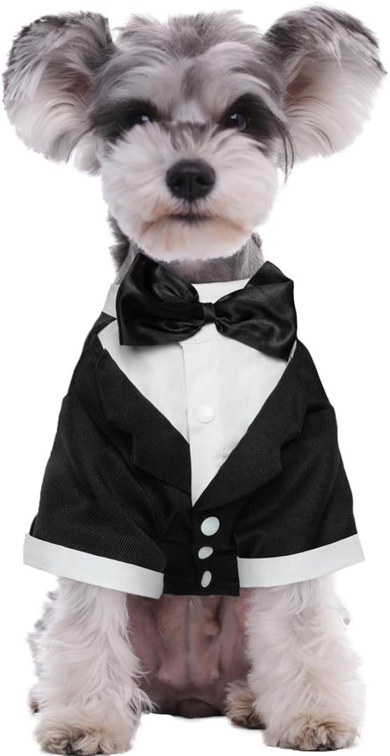 Kuoser Dog Tuxedo,Dog Wedding Suit with Bow Tie Formal Dogs Tux Pet Wedding Party Birthday Costume,Doggy Valentines Christmas Halloween Graduation Outfit Cosplay for Small Medium Large Dogs,Black S (S(Chest-11.41", Weight:2.5-5lb))