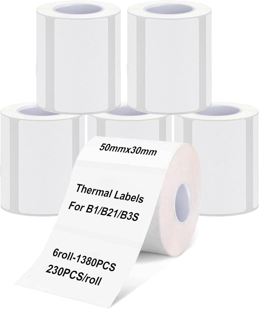 Labels Tape, 6 Rolls(1380PCS) Thermal Label Sticker for B21/B3S/B1 Printer Waterproof Sticker Paper Business Shipping Address Labeling Replacement with Self-Adhesive (50 x 30mm-230PCS)