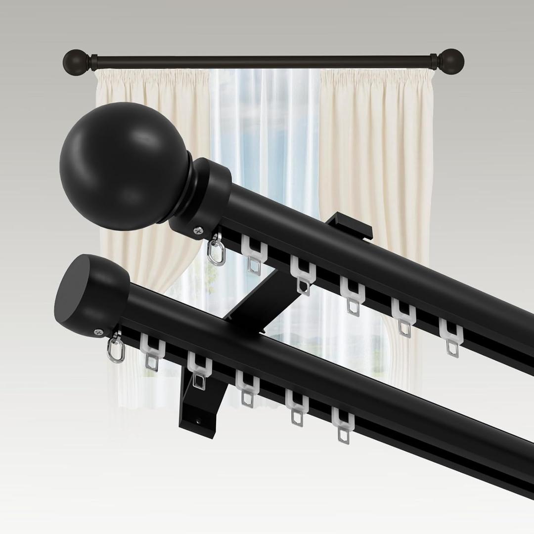 Double Curtain Rods Tracks for Windows, Heavy Duty Slilent Drapery Rod rails with Aluminum Alloy Brackets, Modern Drapery Pole with Finial for Living Room Bedroom Window