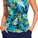 Tankini Swimsuits with Shorts - Two Piece Tummy Control Bathing Suits High Neck Swimwear with Two Side Pockets (XX-Large, Green Leaves)