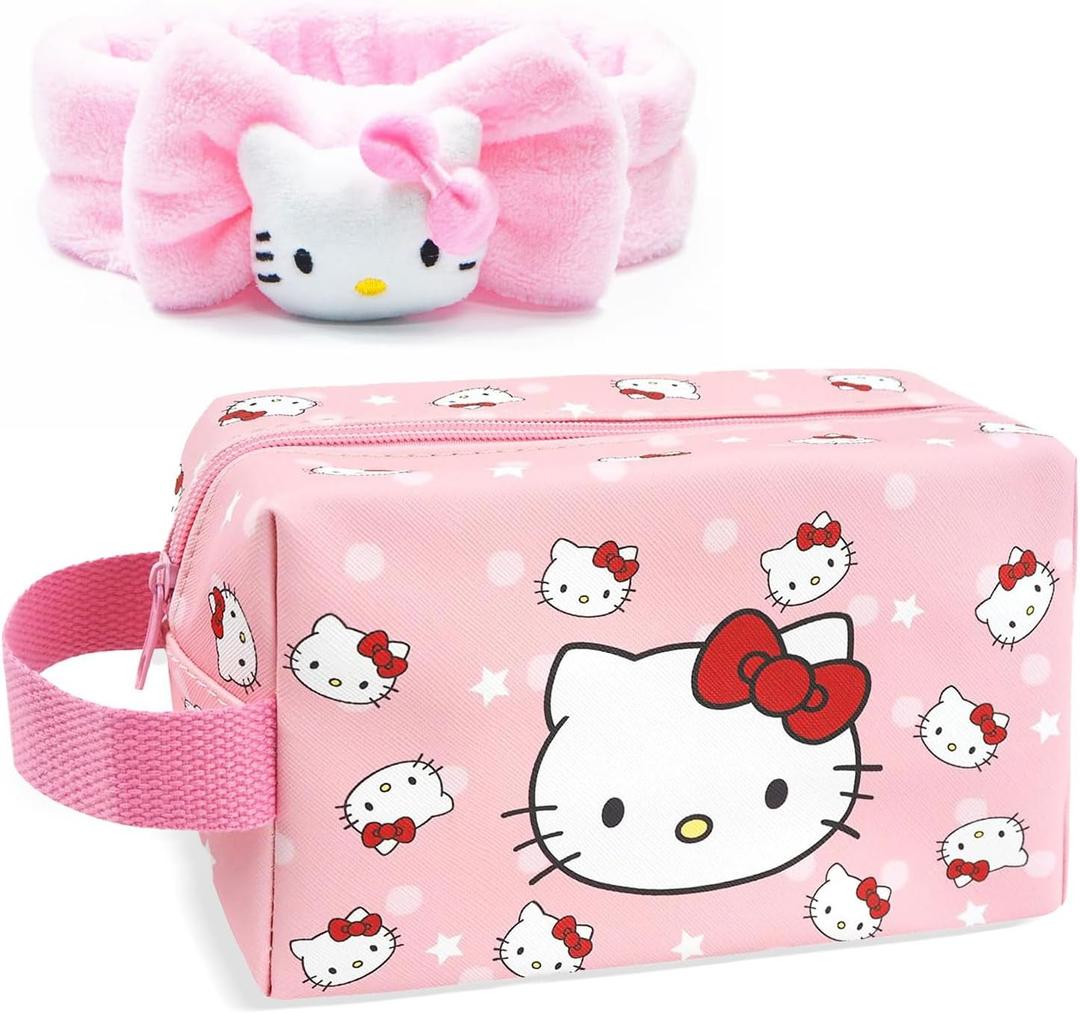 Toiletry Bag & Spa Headband, Cute PU Leather Ttravel Makeup Bag, Soft Makeup Headband for Washing Face, Gifts for Women Girls