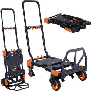 2-in-1 Folding Hand Truck Dolly 330LB Load Carrying, Hand Truck Foldable Dolly with Retractable Handle and 4 Rubber Wheels, Portable Folding Hand Cart for Moving/Travel/Office(Orange)