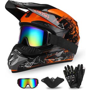 Full Face Dirt Bike Helmet DOT Certified - Complete Adult ATV Helmet Kit with Goggles, Gloves & Mask, Adjustable Visor, Quick Release, Orange, Medium