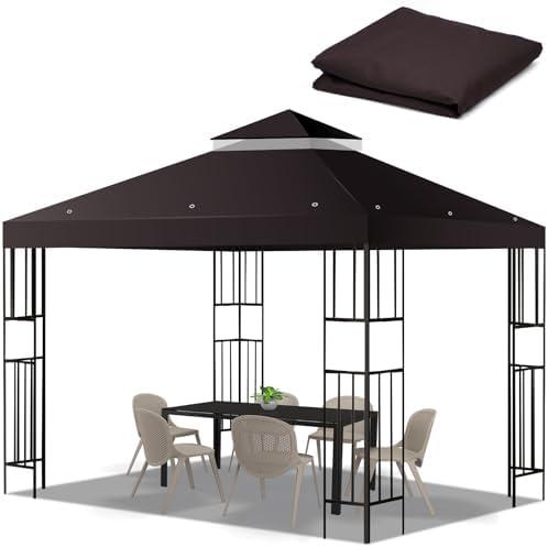 10x10 FT Gazebo Replacement Top, Canopy Replacement Cover Double Tiered for Outdoor BBQ Roof Cover Grill Shelter (Coffee)