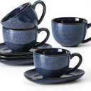 vicrays 6.5 oz Cappuccino Cups with Saucers, Set of 4, Ceramic Coffee Cup for Au Lait, Double shot, Latte, Cafe Mocha, Tea (Starry Blue)