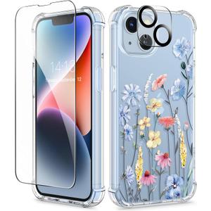 GVIEWIN for iPhone 14 Case Floral, with Screen Protector + Camera Lens Protector,[Non Yellowing] Soft Shockproof Clear Phone Protective Cover for Women, Flower Pattern Design 6.1"(Aconite/Light Blue)