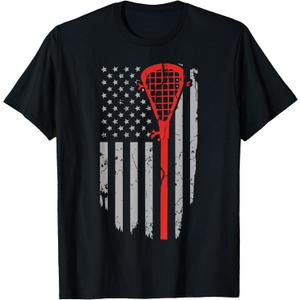 Vintage American Flag Lacrosse Youth Apparel, Boys Men USA T-Shirt (Blue, L)