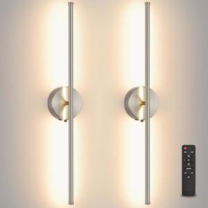 Battery Operated wall Sconce Set of 2, Brushed Nickel 27.5" LED USB Rechargeable dimmable wall Sconce with Remote Control, Rotate 350 for Living Room, Bedroom, Hallway and scones Lighting