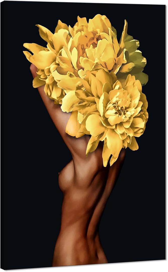MAMAGO Large Yellow Floral Woman Wall Decor African American Canvas Poster Prints Nude Sexy Black Girl Abstract Artwork for Living Room Bathroom Framed - 28 x 44 inch (Style_30)