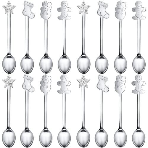 16 Pieces Christmas Spoon for coffee Creative Stainless Steel Stirring Spoon Bulk for Soup Dessert, 4 Styles(Silver)