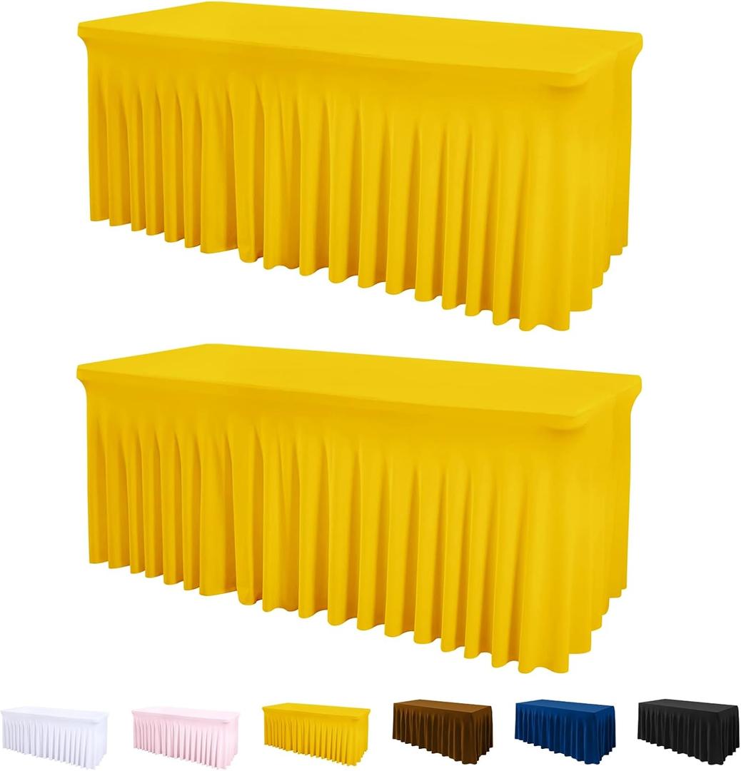 Table Cover and Table Skirt One-Piece for Folding Tables, 6FT Spandex Fitted Tablecloth with Ruffles Skirt for Weddings, Banquets, Parties, Vendors (Yellow 2Pack)