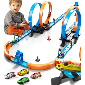Toy Car Race Track Set for Boys Kids Age 3-5 4-7, Race Tracks with 4 Crash Zones and 1:64 Scale High-Speed Slot Cars, Christmas Halloween Birthday Gifts Toys for Toddlers Boys 4-8 8-12 Years