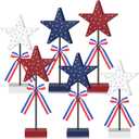 6 Pcs 4th of July Stars Decoration Patriotic Tiered Tray Decor Independence Day Wooden Star Block Table Sign Set Red White Blue Tabletop Centerpiece Memorial Day Decorations for Home Office