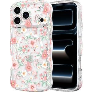 RALEAVO for iPhone 17 Pro Case Cute Floral Pattern Design [Compatible with Magsafe] Clear Curly Wave Frame Cover for Women,Acrylic Shockproof Anti-Slip Case for iPhone 17 Pro,Pink Flowers
