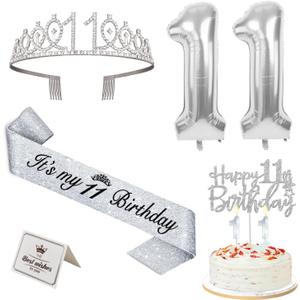 11th Birthday Decorations for Girls Silver with 11th Birthday Sash and Tiara, Cake Topper and Candles, Silver Number Balloons, Gifts for 11 Year Old Girls