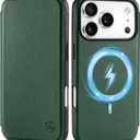 SHIELDON Slim Genuine Leather Wallet Case for iPhone 17 Pro 6.3 Inch 5G 2025 | Wireless Charging | RFID Blocking Credit Card Holder | Magnetic Closure | Full Protective Phone Cover | Evergreen