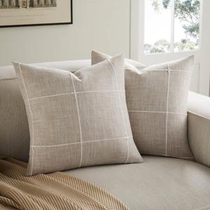 2 Packs Grid Embroidery Throw Pillow Covers, 20x20 Inch Taupe, Farmhouse Linen Decorative Light Brown Cushion Covers for Sofa Bed Living Room Home Decor