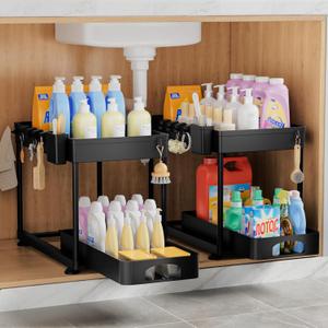 Under Sink Organizer, Under Kitchen Sink Organizer, 2 Pack Bathroom Cabinet Organizers and Storage, 2 Tier Pull-Out Multi-Purpose Storage Organizers for Bathroom Kitchen Cabinet, Black (Single Sliding)