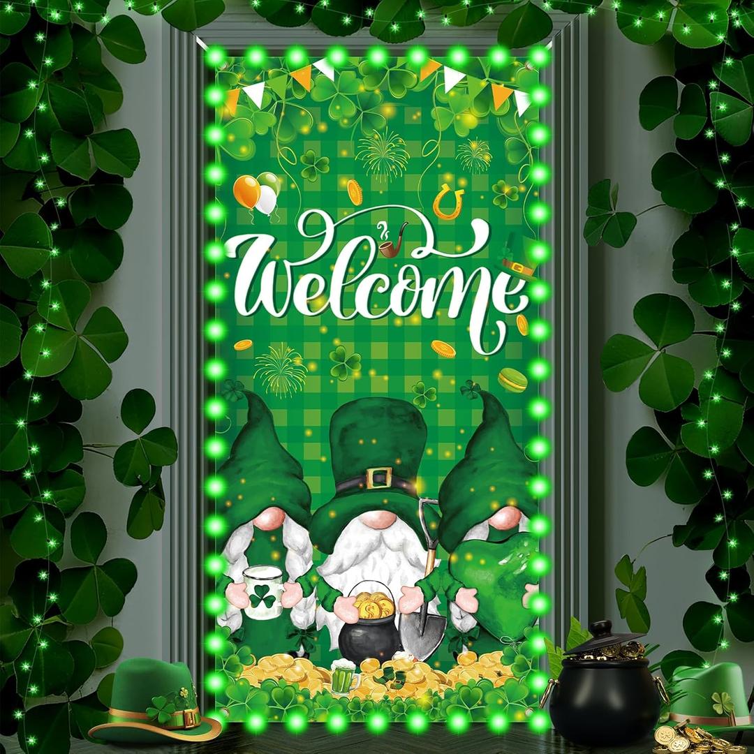 St. Patricks Day Door Cover Decorations with Lights, Green Gnome Welcome Banner, Shamrock Party Decor, Polyester, 72.8x35.4 inches