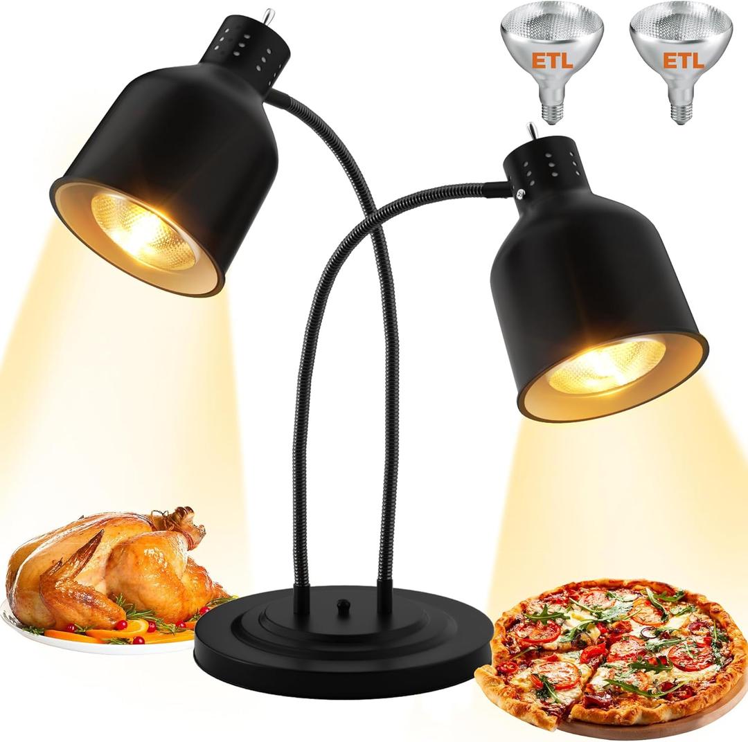 PYY Food Heat Lamp - 500W Dual Head Commercial Heat Lamp for Food Heating Food Warmer Heater Portable Electric Warming Lights for Food Service Restaurant Buffet Kitchen with ETL Bulb, Black (Double-Head plus)