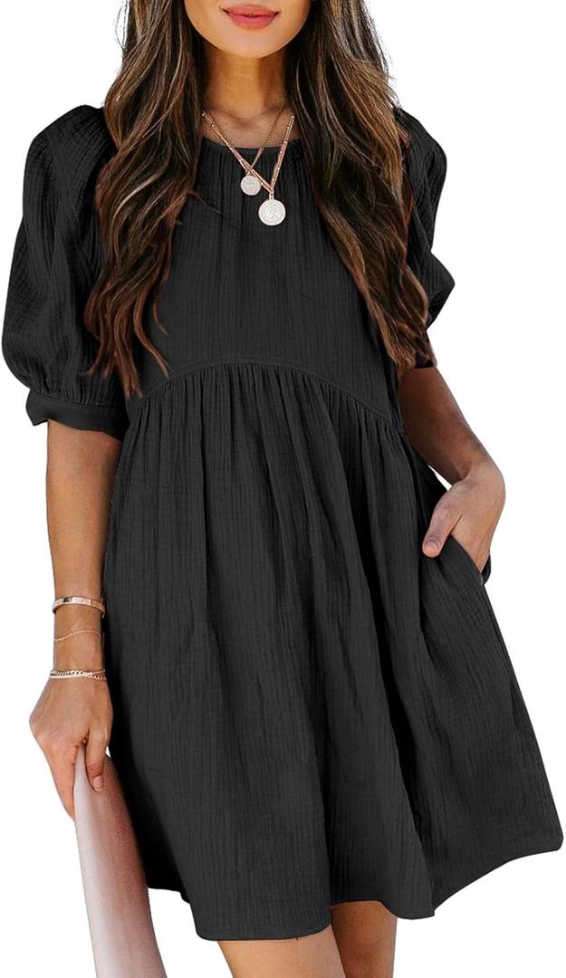 Dokotoo Womens 2025 Spring Summer Crewneck Puff Sleeve Babydoll Elegant Empire Waist Mini Swing Skater Dresses with Pockets (Small, 1 Black 2)