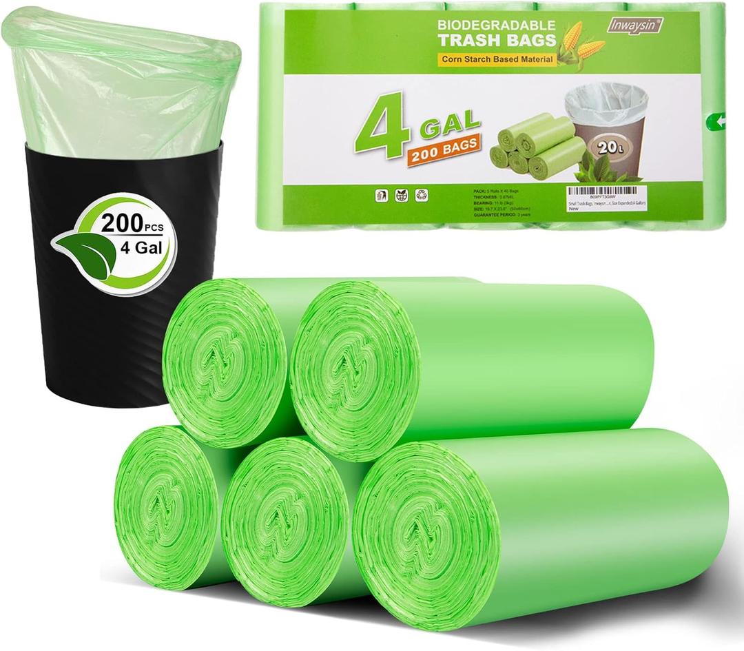 Small Trash Bags 4-6 Gallon, Inwaysin 200 Count Biodegradable Trash Bags 4 Gallon, Extra Strong Small Garbage Bags Unscented, Size Expanded, Green, for Bathroom Bedroom Office Kitchen Trash Can