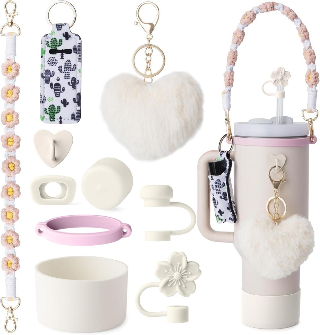 Stanley Cup AccessoriesI Bottle Handle Carrier Strap,Silicone Cup Boot, Lipstick Holder, Straw Topper & Spill Stopper Cute Decorative Charms, Accessories for Stanley Cup 40oz/30oz Decor (Almond Rose)