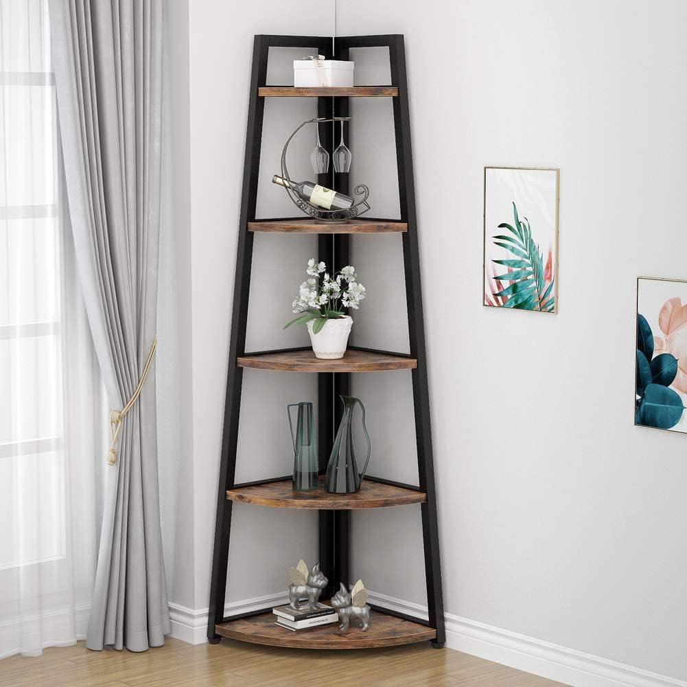Tribesigns 70 inch Tall Corner Shelf, 5 Tier Rustic Corner Bookshelf Bookcase Industrial Corner Ladder Shelf Plant Stand for Living Room, Kitchen, Home Office (Brown), Large