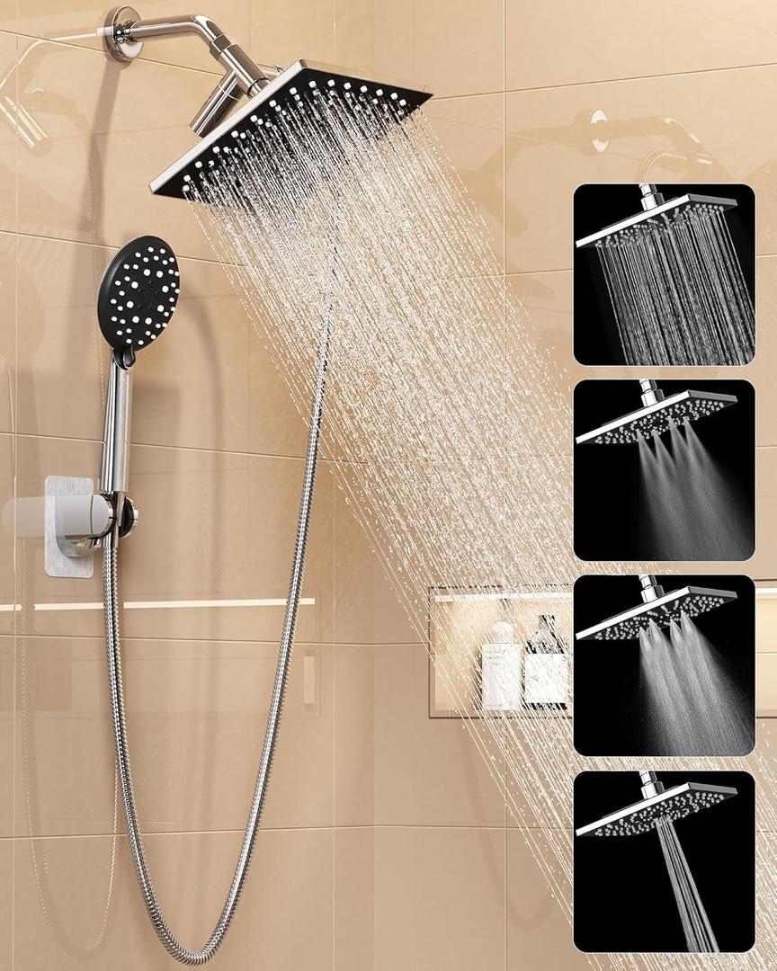 Veken High Pressure Rain Shower Head with Multi-Functions, Square Rainfall Shower Heads with 5-Mode Handheld Spray Combo, Detachable Hand Held Showerhead with Hose, Double Regaderas Para, Chrome