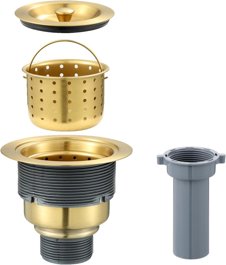 ROVOGO 3-1/2 inch Kitchen Sink Drain Assembly with Removable Deep Strainer Basket, Sealing Stopper Plug and Tailpiece, 304 Stainless Steel Drain with Extended Threads for Thicker Sinks, Gold