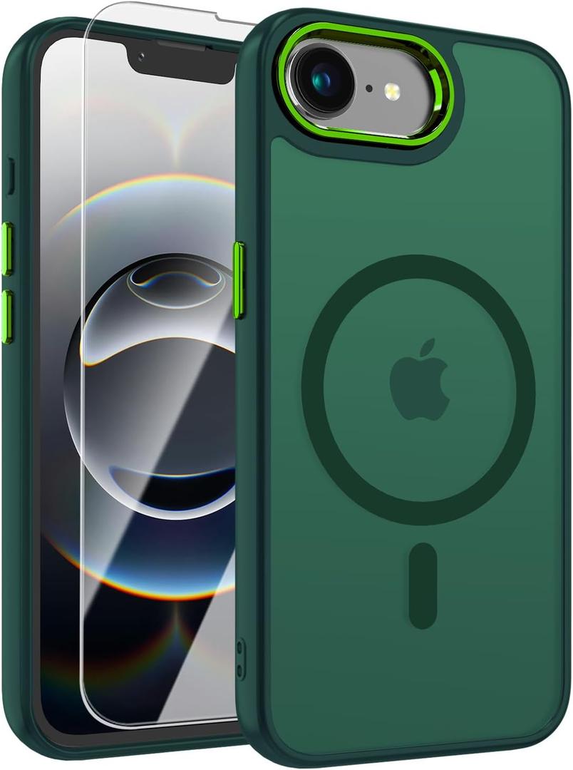 WRJ Case for iPhone 16e with Screen Protector, Magnetic Translucent Phone Case for Women Men Compatible with Magsafe Slim Anti-Fingerprints Shockproof Protective Cover-Green