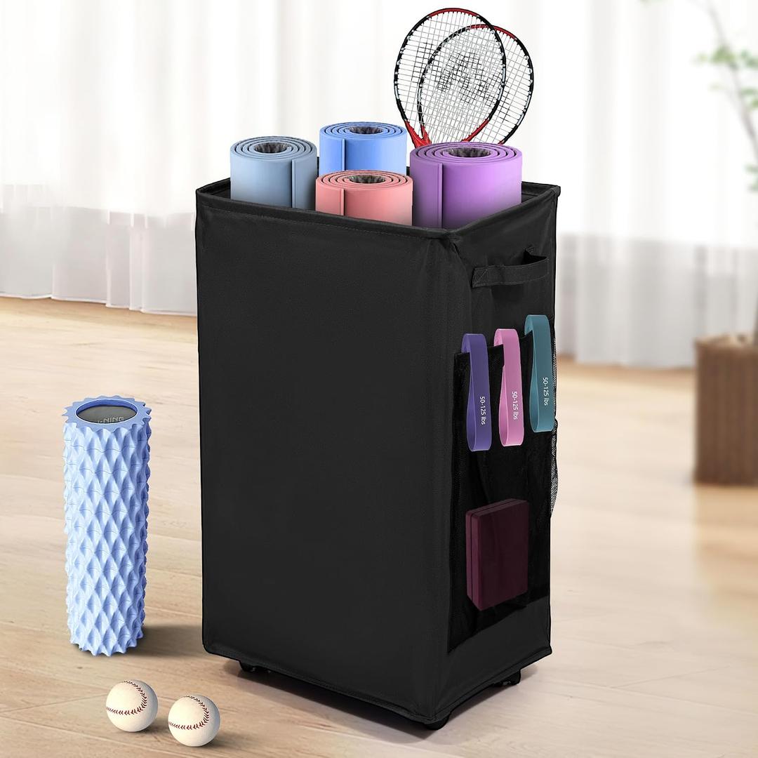 Yoga Mat Storage Racks, Home Gym Storage Rack with Wheels, Yoga Mat Holder Side 2 Mesh Pockets, Yoga Storage Basket Holds 4 Yoga Mats, 2 Foam Rollers, 6 Resistance Bands (Black)