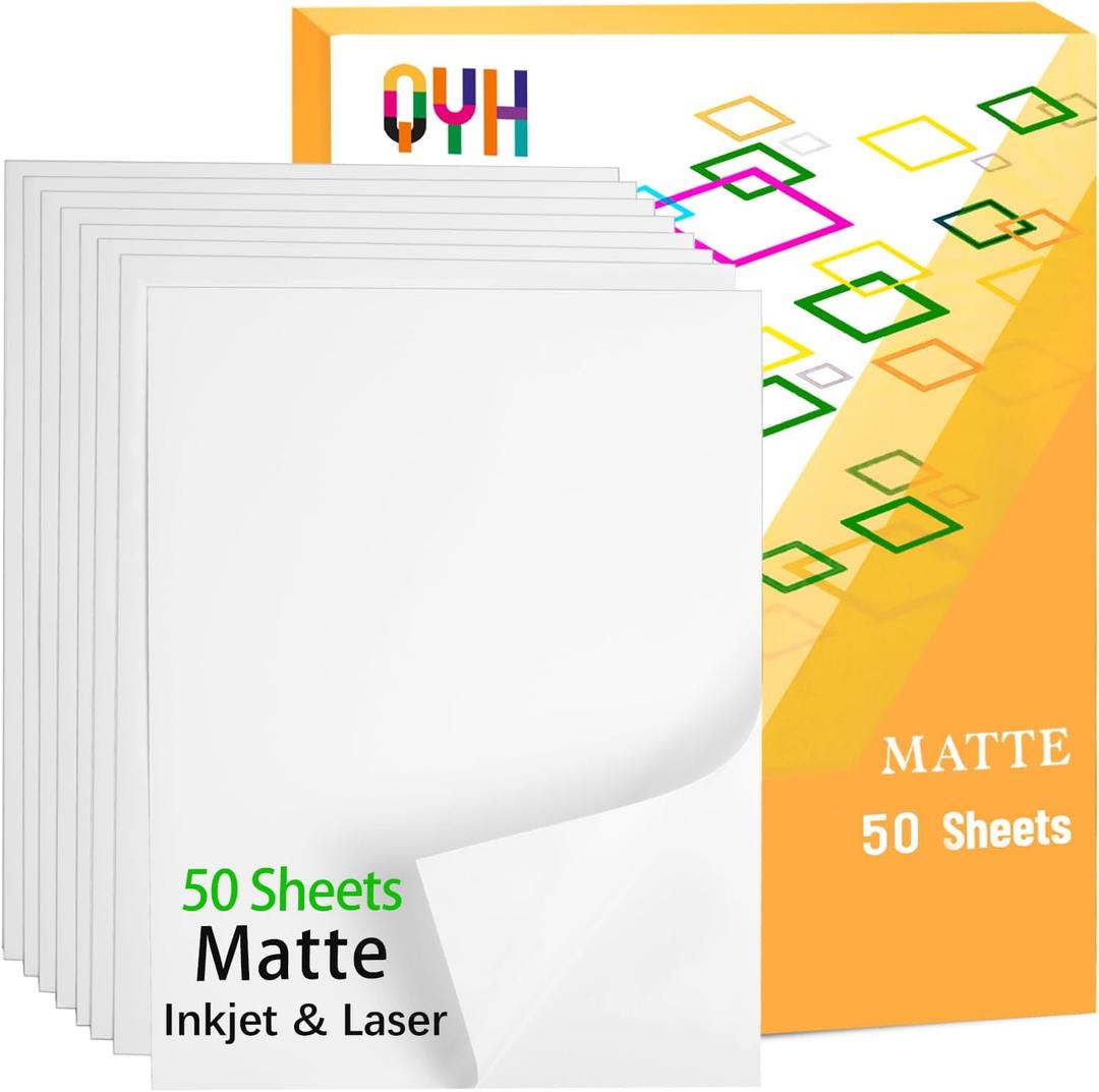 QYH Printable Vinyl Sticker Paper for Inkjet & Laser Printer - Matte White Waterproof, Compatible with Cricut, Silhouette, 50 Sheets, Ideal for Small Business & DIY Crafters (Labels/Decor) - 8.5"x11"